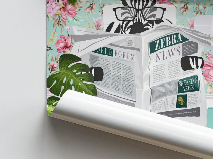 Zebra on Toilet Print, Animal on Toilet Fun Bathroom Wall Art, Floral Blue Pink Bathroom Decor, Animal Reading Newspaper Humour Art Print