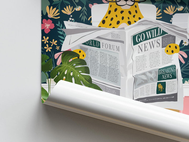 Cheetah on Toilet Print, Animal on Toilet Fun Bathroom Wall Art, Pink Daisy Flower Botanical Bathroom Humour Print, Animal Reading Newspaper