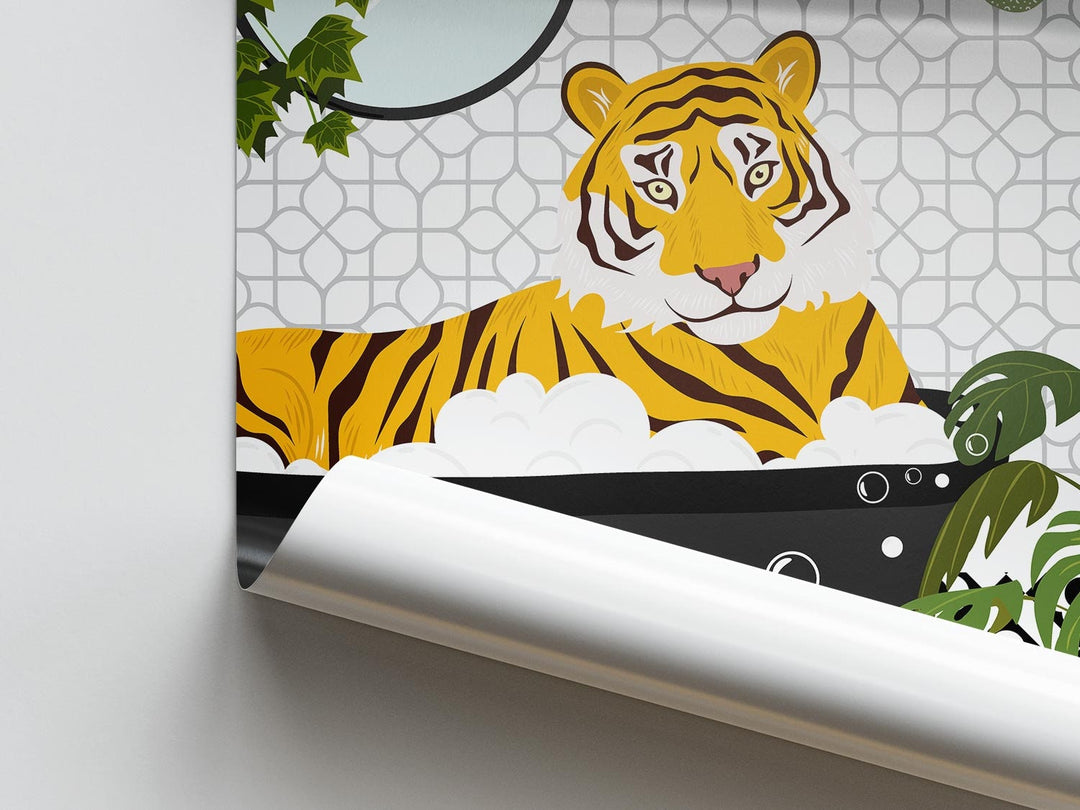 Tiger in Bathtub Monochrome Bathroom Print, Animal in Bath Botanical Trendy Bathroom Wall Art, Black And White Nursery Print, Playroom Decor