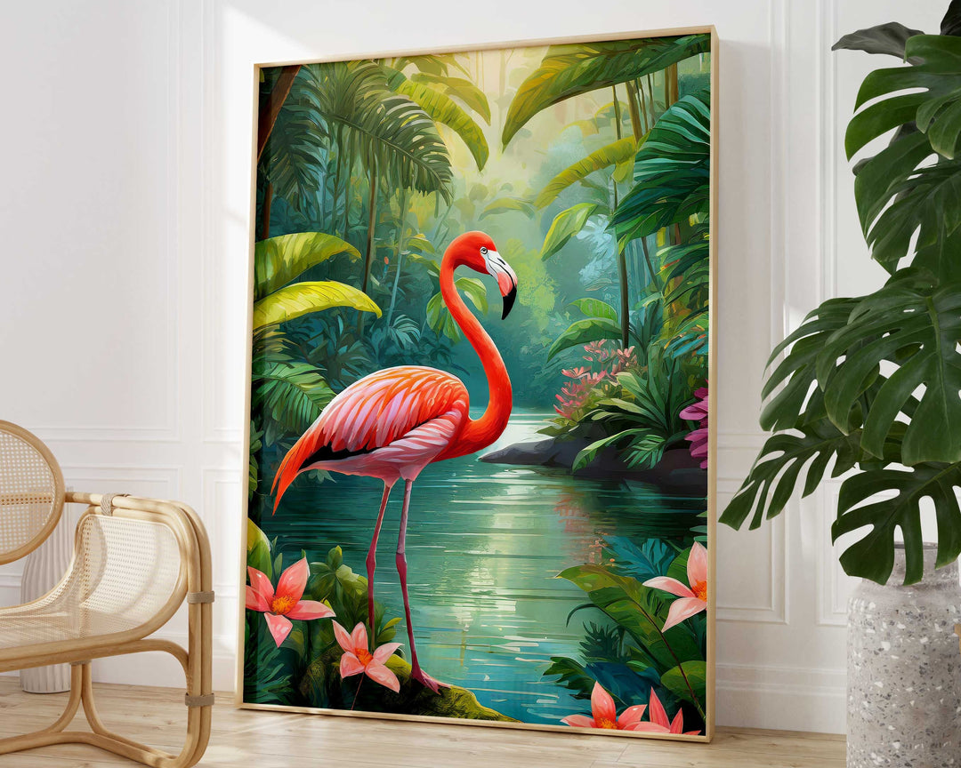 Tropical Flamingo Bird Print, Colourful Rainforest Jungle Wall Art, Botanical Animal Print, Living Room Decor Inspired By Henri Rousseau