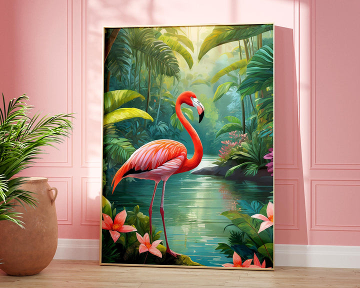Tropical Flamingo Bird Print, Colourful Rainforest Jungle Wall Art, Botanical Animal Print, Living Room Decor Inspired By Henri Rousseau