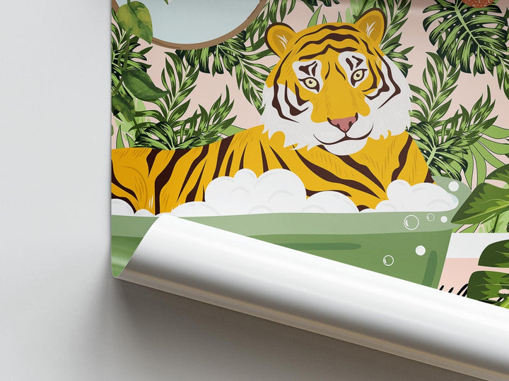 Tiger in Bathtub Bathroom Wall Art, Maximalist Fun Animal in Bath Print, Tropical Bathroom Safari Print, Eclectic Jungle Bathroom Art Decor