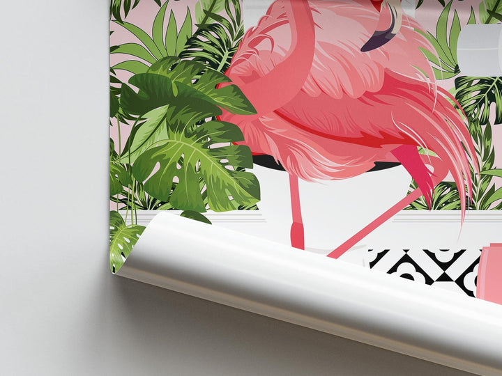 Pink Flamingo on Toilet Bathroom Print, Animal on Toilet Cloakroom Wall Art, Tropical Botanical Fun Bathroom Decor, Maximalist Toilet Art