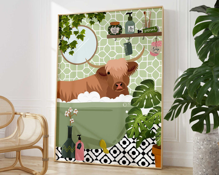 Highland Cow Bathtub Bathroom Print, Maximalist Animal in Bath Wall Art, Modern Botanical Bathroom Decor, Colourful Eclectic Bathroom Prints