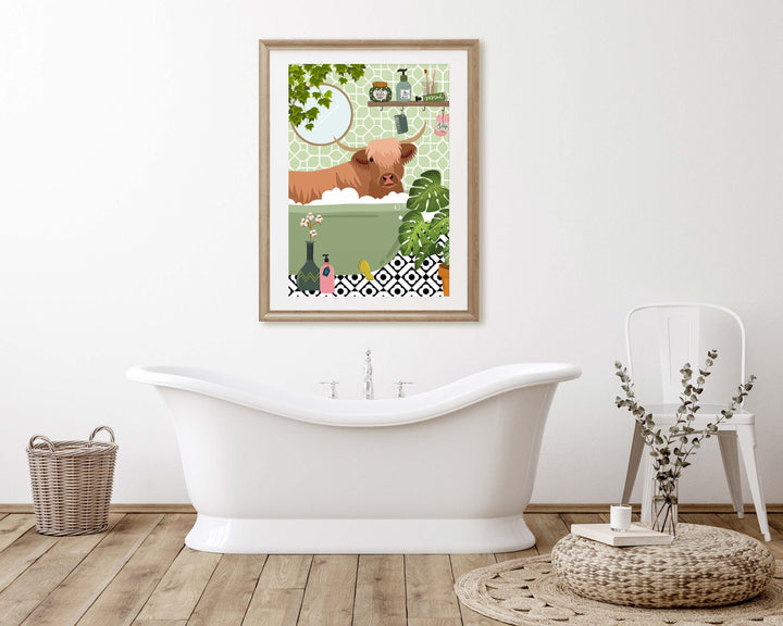 Highland Cow Bathtub Bathroom Print, Maximalist Animal in Bath Wall Art, Modern Botanical Bathroom Decor, Colourful Eclectic Bathroom Prints