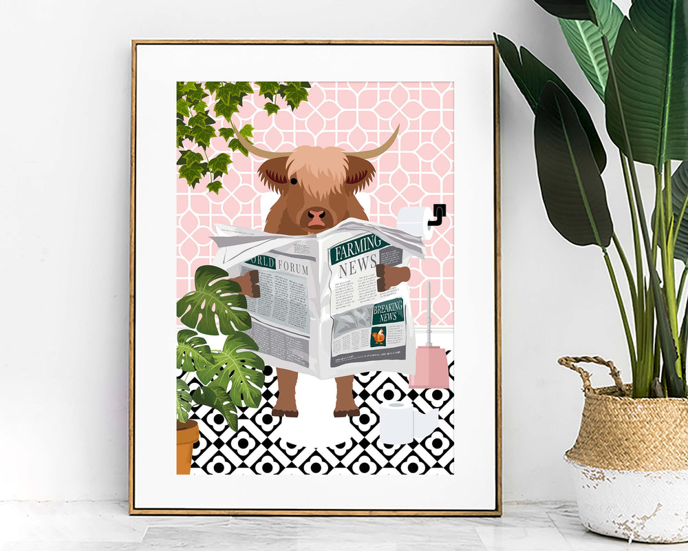 Highland Cow on Toilet Bathroom Wall Art, Animal in Tropical Bathroom Prints, Colourful Jungle Bathroom Maximalist Decor, A4 Toilet Prints