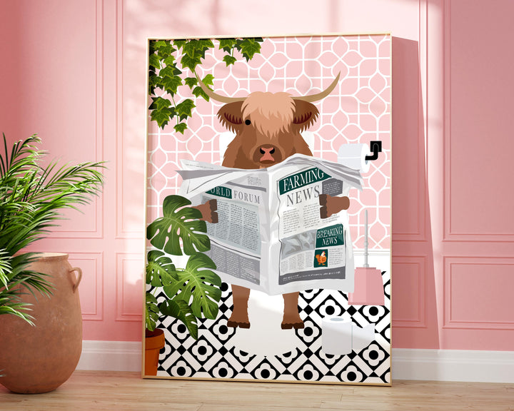 Highland Cow on Toilet Bathroom Wall Art, Animal in Tropical Bathroom Prints, Colourful Jungle Bathroom Maximalist Decor, A4 Toilet Prints