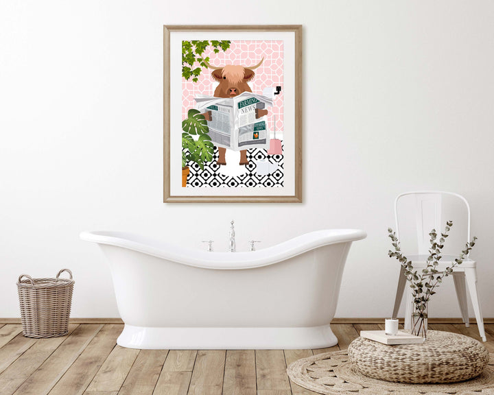 Highland Cow on Toilet Bathroom Wall Art, Animal in Tropical Bathroom Prints, Colourful Jungle Bathroom Maximalist Decor, A4 Toilet Prints