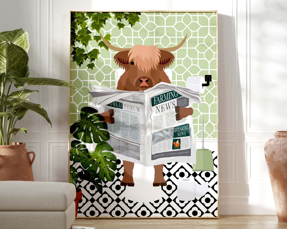 Highland Cow on Toilet Funny Bathroom Print, Funny Bathroom Wall Decor, Funny Animal in Bathroom Maximalist Wall Art, Quirky Toilet Prints