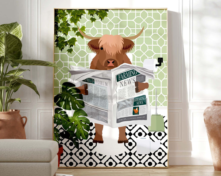 Highland Cow on Toilet Funny Bathroom Print, Funny Bathroom Wall Decor, Funny Animal in Bathroom Maximalist Wall Art, Quirky Toilet Prints