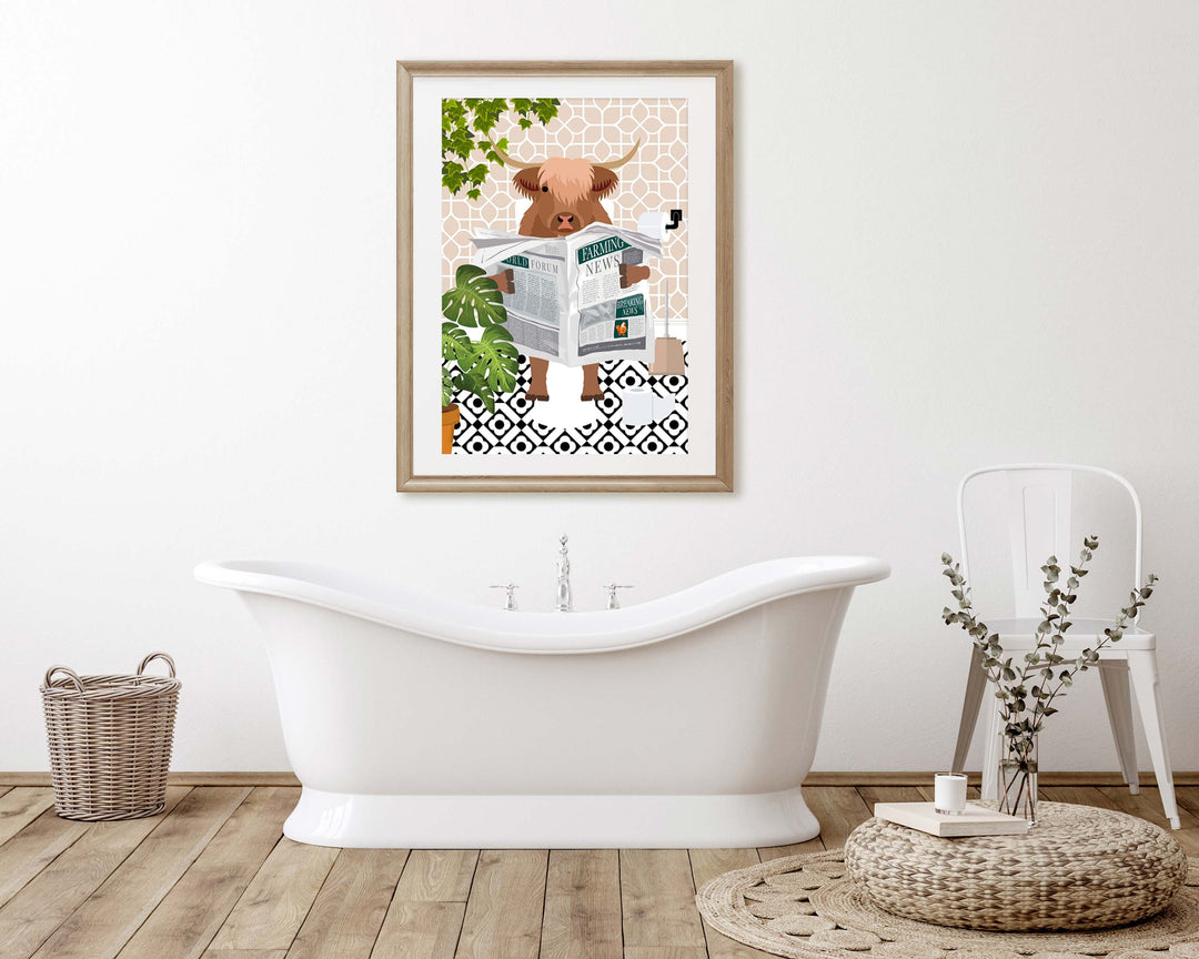 Highland Cow on Toilet Bathroom Wall Art, Animal in Tropical Bathroom Prints, Colourful Jungle Bathroom Maximalist Decor, A4 Toilet Prints