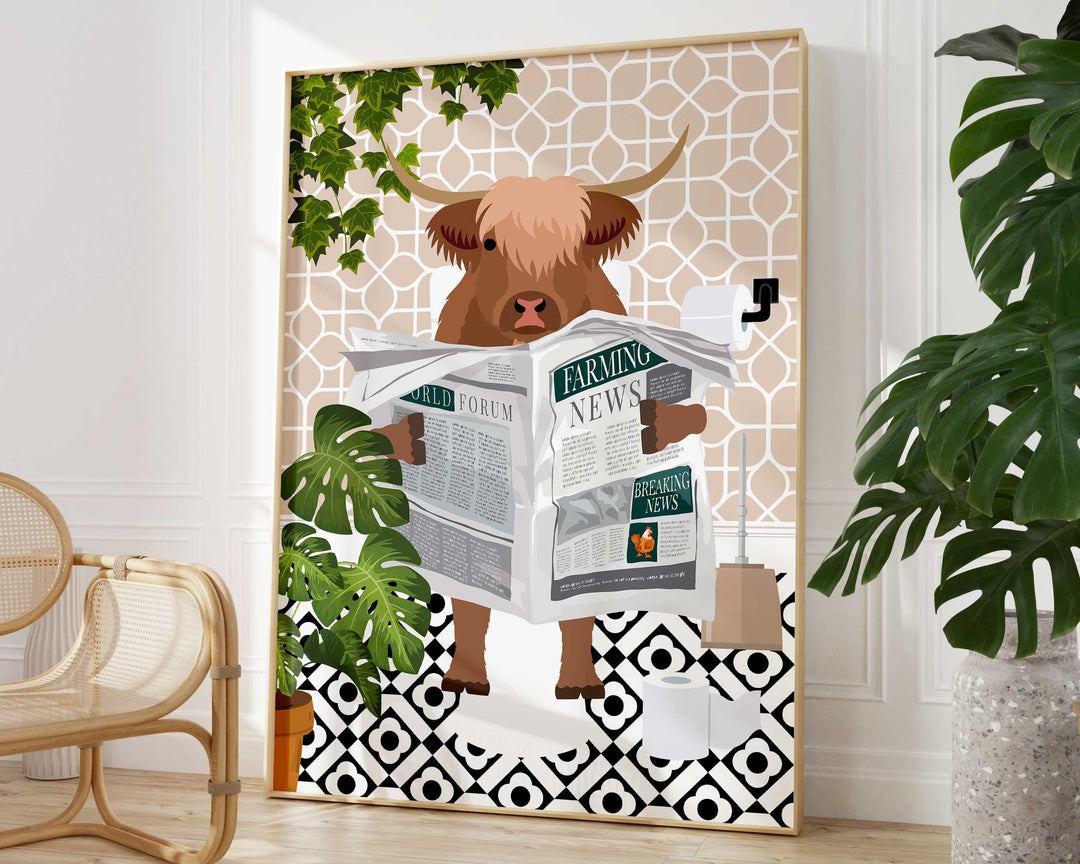 Highland Cow on Toilet Bathroom Wall Art, Animal in Tropical Bathroom Prints, Colourful Jungle Bathroom Maximalist Decor, A4 Toilet Prints