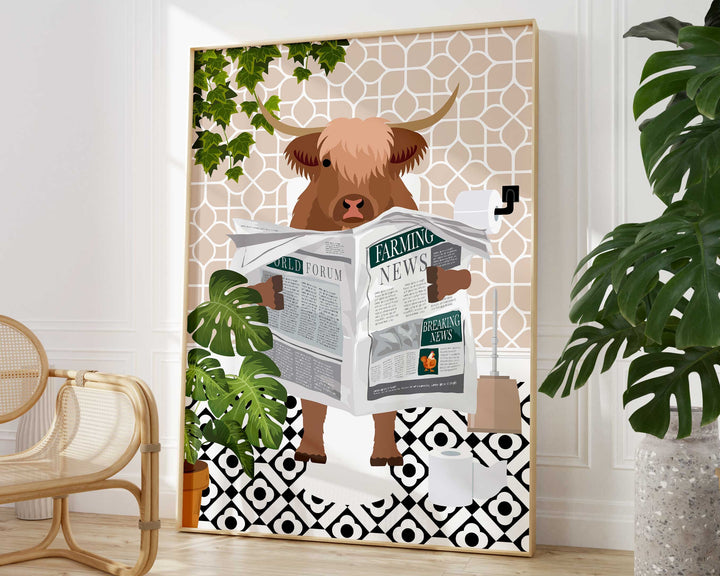 Highland Cow on Toilet Bathroom Wall Art, Animal in Tropical Bathroom Prints, Colourful Jungle Bathroom Maximalist Decor, A4 Toilet Prints