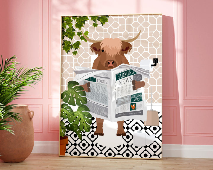 Highland Cow on Toilet Bathroom Wall Art, Animal in Tropical Bathroom Prints, Colourful Jungle Bathroom Maximalist Decor, A4 Toilet Prints