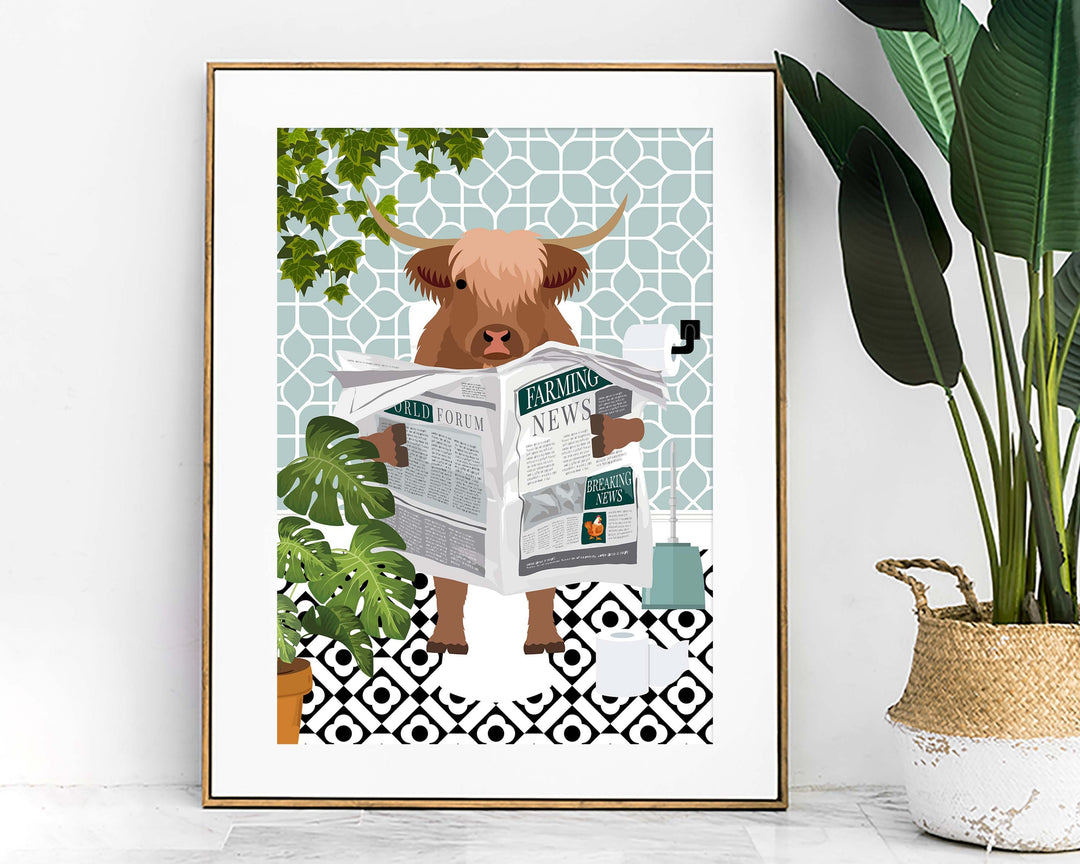 Highland Cow on Toilet Bathroom Wall Art, Animal in Tropical Bathroom Prints, Colourful Jungle Bathroom Maximalist Decor, A4 Toilet Prints