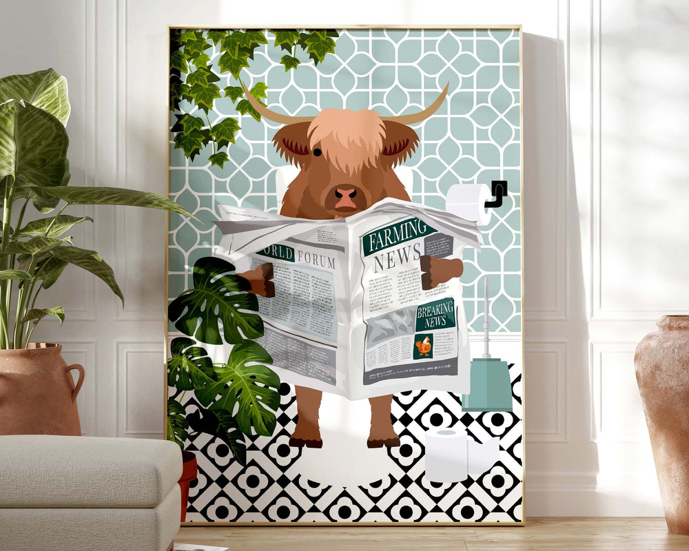 Highland Cow on Toilet Bathroom Wall Art, Animal in Tropical Bathroom Prints, Colourful Jungle Bathroom Maximalist Decor, A4 Toilet Prints