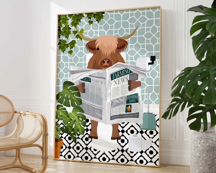 Highland Cow on Toilet Bathroom Wall Art, Animal in Tropical Bathroom Prints, Colourful Jungle Bathroom Maximalist Decor, A4 Toilet Prints