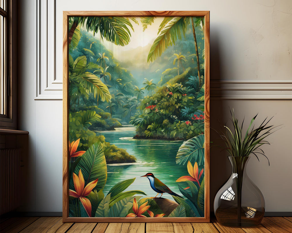 Tropical Bird Botanical Print, Colourful Rainforest Jungle Wall Art, Animal Poster, Botanical Plants Flower Art Inspired By Henri Rousseau
