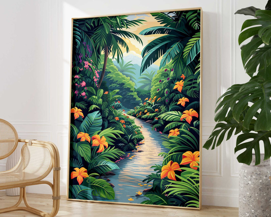 Tropical Rainforest Botanical Print, Colourful Jungle Wall Art, Abstract Landscape Painting, Living Room Decor Inspired By Henri Rousseau