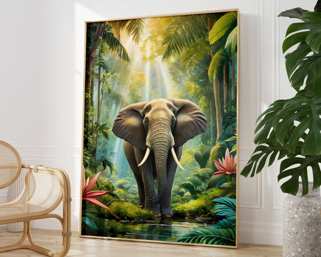Tropical Elephant Rainforest Print, Jungle Animal Wall Art, Botanical Landscape Painting, Living Room Home Decor Inspired By Henri Rousseau