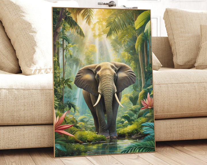 Tropical Elephant Rainforest Print, Jungle Animal Wall Art, Botanical Landscape Painting, Living Room Home Decor Inspired By Henri Rousseau