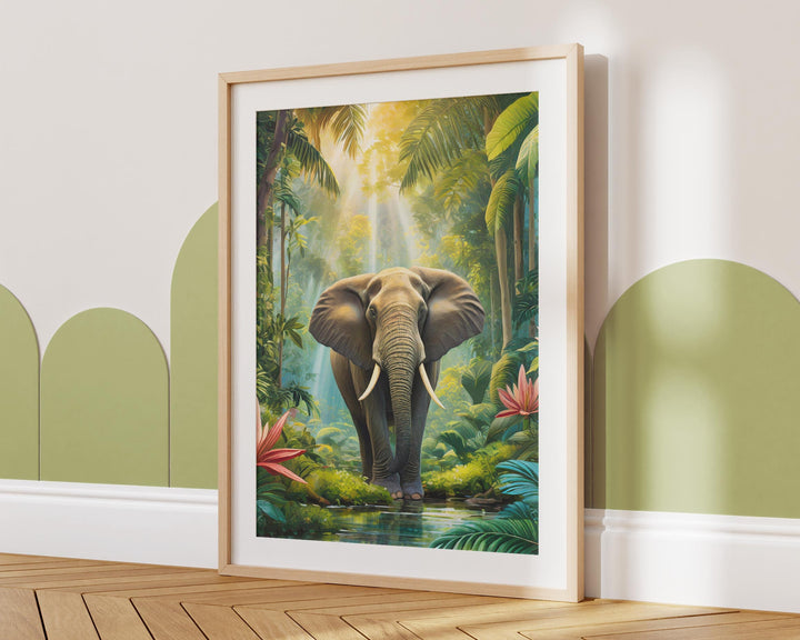 Tropical Elephant Rainforest Print, Jungle Animal Wall Art, Botanical Landscape Painting, Living Room Home Decor Inspired By Henri Rousseau