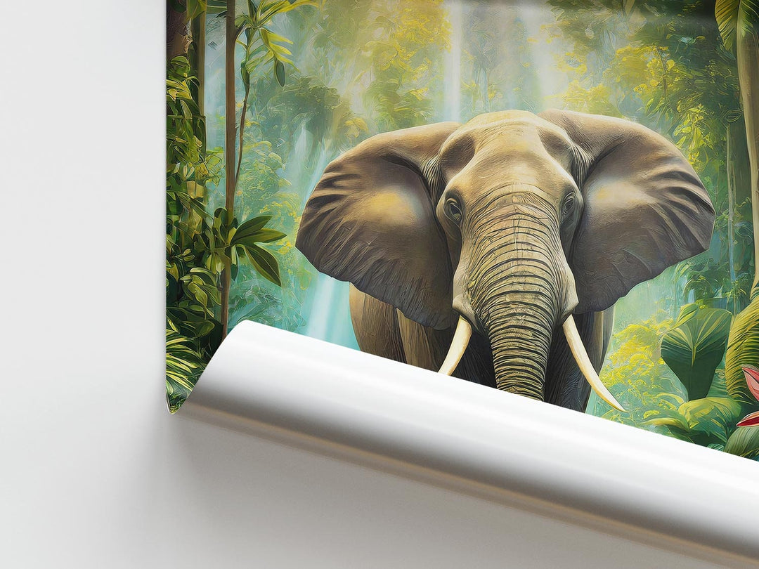 Tropical Elephant Rainforest Print, Jungle Animal Wall Art, Botanical Landscape Painting, Living Room Home Decor Inspired By Henri Rousseau