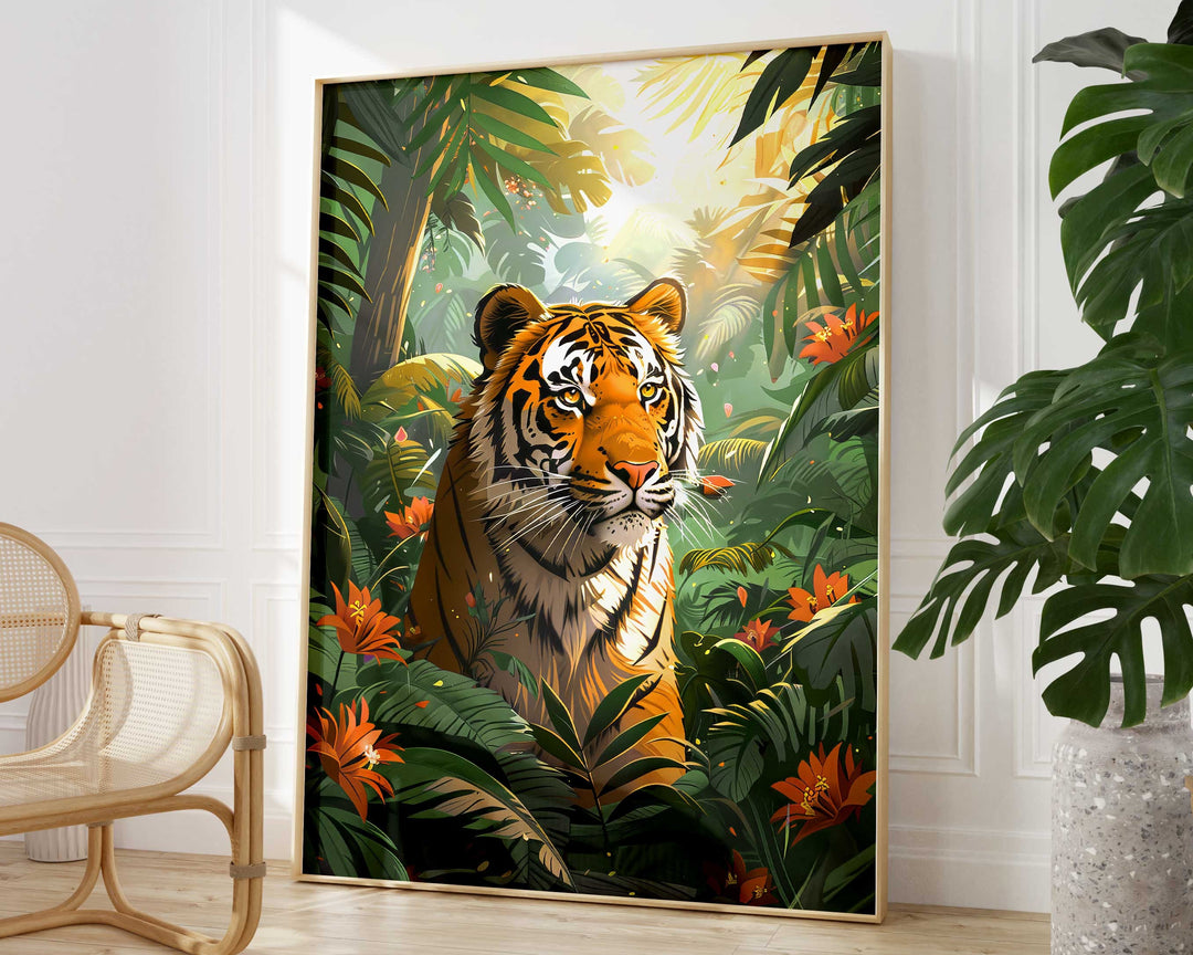 Tiger Wild Animal Jungle Print, Tropical Rainforest Wall Art, Eclectic Botanical Plants Nature Painting, Maximalist Living Room Home Decor