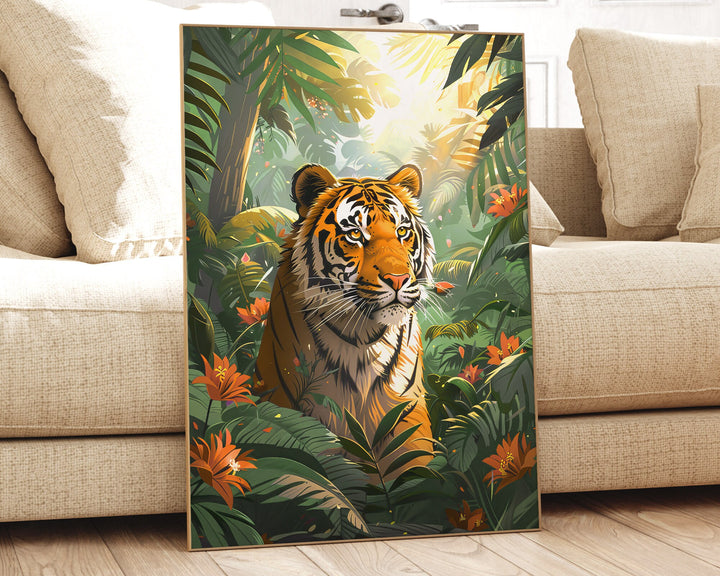 Tiger Wild Animal Jungle Print, Tropical Rainforest Wall Art, Eclectic Botanical Plants Nature Painting, Maximalist Living Room Home Decor