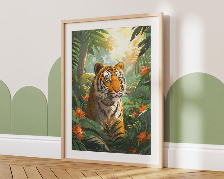 Tiger Wild Animal Jungle Print, Tropical Rainforest Wall Art, Eclectic Botanical Plants Nature Painting, Maximalist Living Room Home Decor