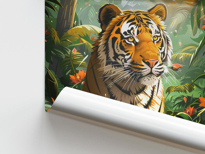 Tiger Wild Animal Jungle Print, Tropical Rainforest Wall Art, Eclectic Botanical Plants Nature Painting, Maximalist Living Room Home Decor