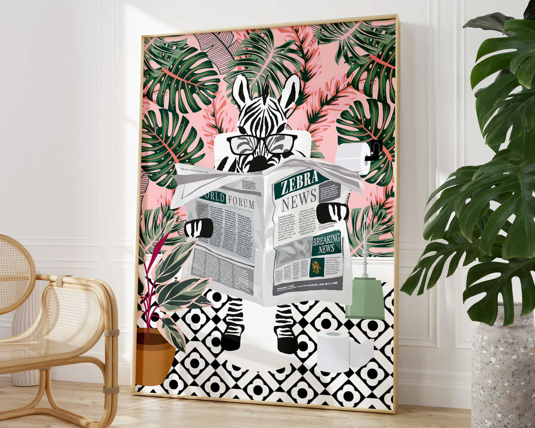 Zebra on Toilet Bathroom Print, Animal on Toilet Cloakroom Wall Art, Tropical Pink Botanical Funny Bathroom Decor, Animal Reading Newspaper