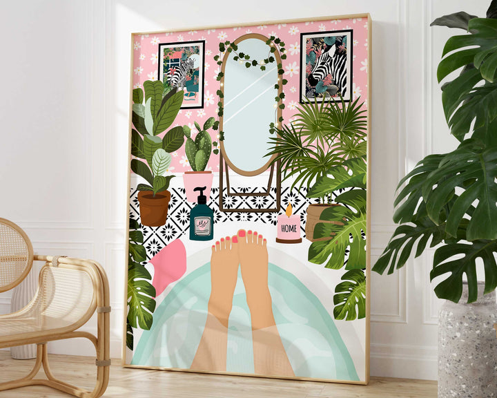 Botanical Bathroom Bathtub Art Print, Boho Bathroom Tropical Wall Art, Self Care Plants in Bathroom Wall Decor, Maximalist Eclectic Decor