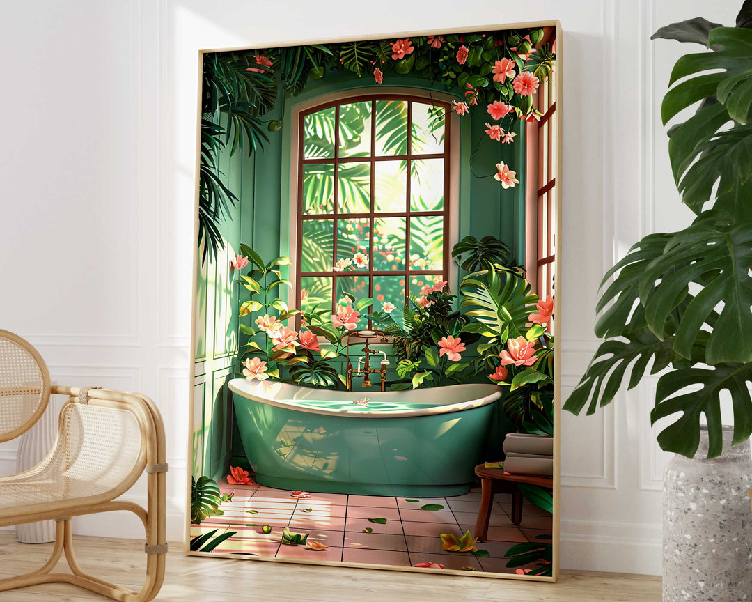 Colourful Botanical Bathroom Art Print, Painting of Tropical Bathroom Wall Art, Modern Bathroom Poster, Nature Lover Luxury Bathroom Decor