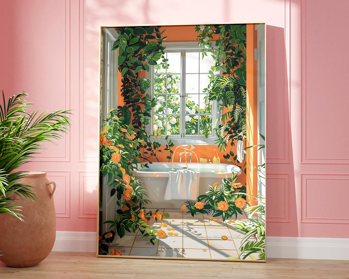 Colourful Botanical Bathroom Art Print, Painting of Tropical Bathroom Wall Art, Modern Bathroom Poster, Nature Lover Luxury Bathroom Decor