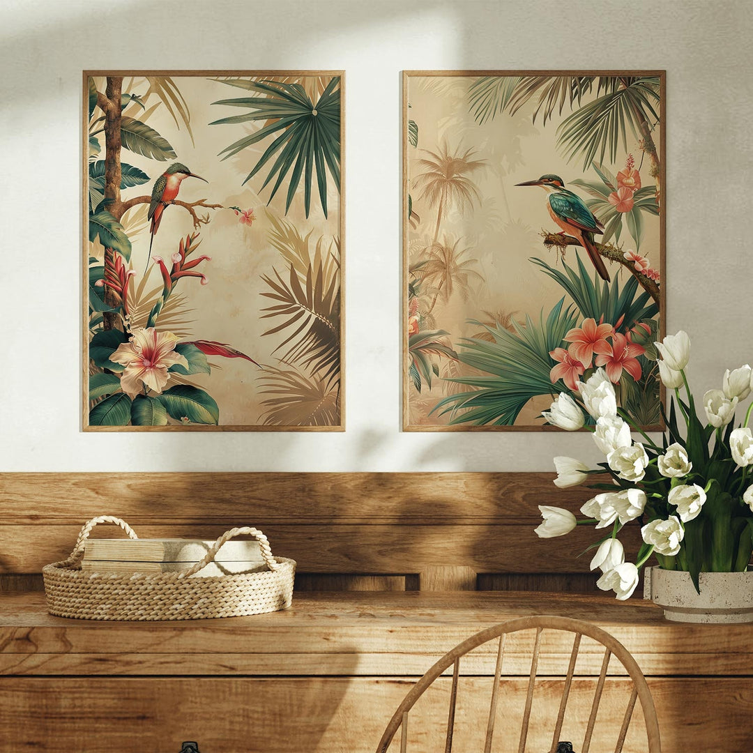 Set of 2 Vintage Botanical Bird Posters, Tropical Flowers Botanical Plant Prints, Vintage Decor, Exotic Floral Decor, Cottagecore Wall Art