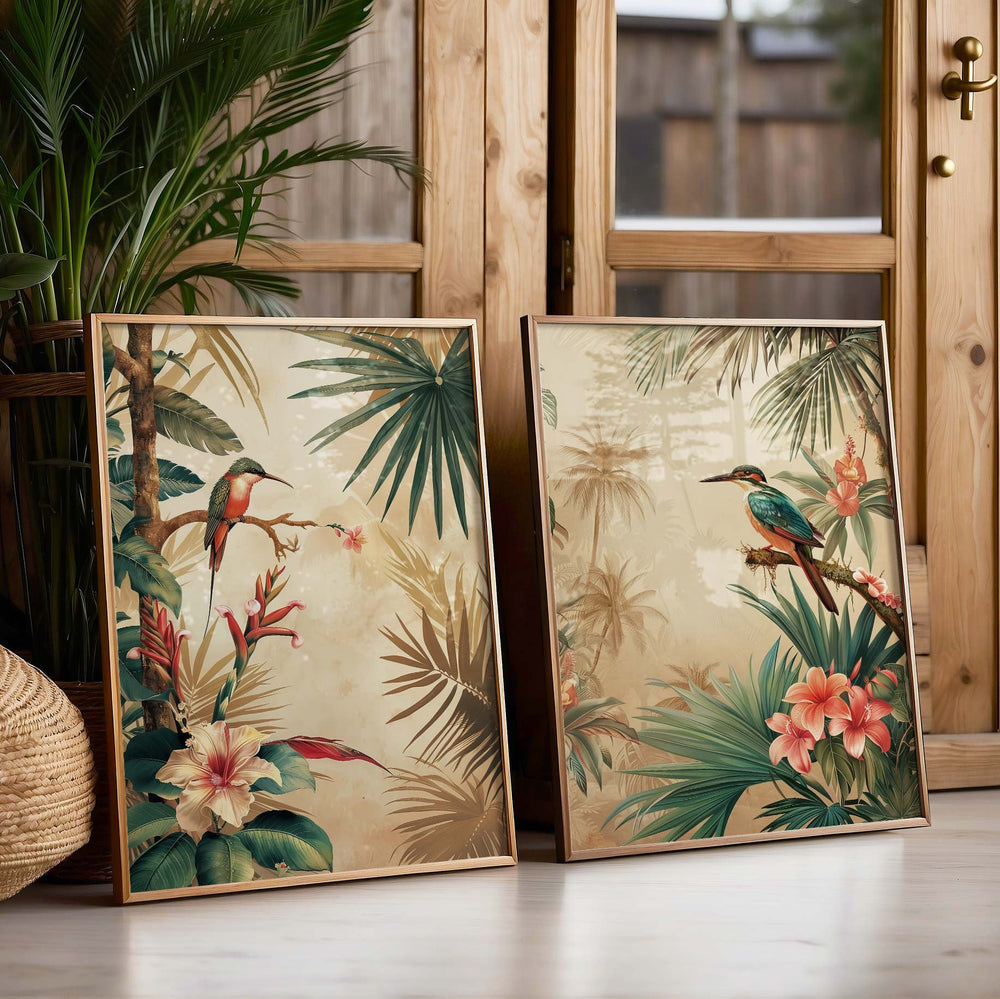 Set of 2 Vintage Botanical Bird Posters, Tropical Flowers Botanical Plant Prints, Vintage Decor, Exotic Floral Decor, Cottagecore Wall Art