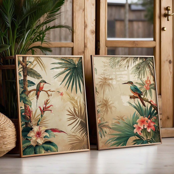 Set of 2 Vintage Botanical Bird Posters, Tropical Flowers Botanical Plant Prints, Vintage Decor, Exotic Floral Decor, Cottagecore Wall Art