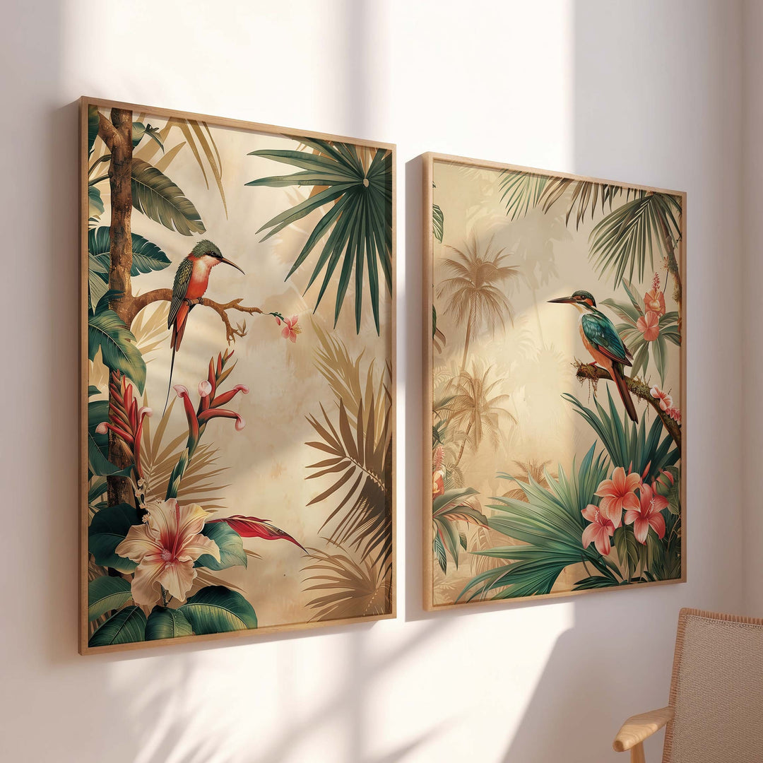 Set of 2 Vintage Botanical Bird Posters, Tropical Flowers Botanical Plant Prints, Vintage Decor, Exotic Floral Decor, Cottagecore Wall Art