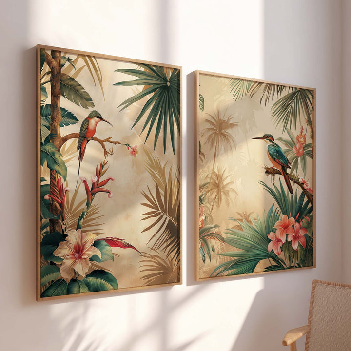 Set of 2 Vintage Botanical Bird Posters, Tropical Flowers Botanical Plant Prints, Vintage Decor, Exotic Floral Decor, Cottagecore Wall Art