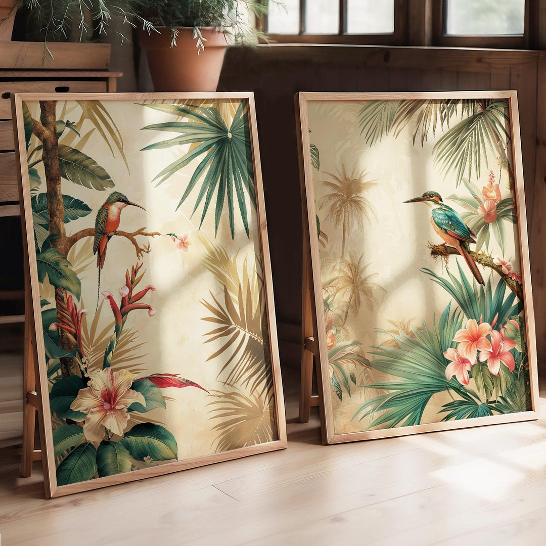 Set of 2 Vintage Botanical Bird Posters, Tropical Flowers Botanical Plant Prints, Vintage Decor, Exotic Floral Decor, Cottagecore Wall Art