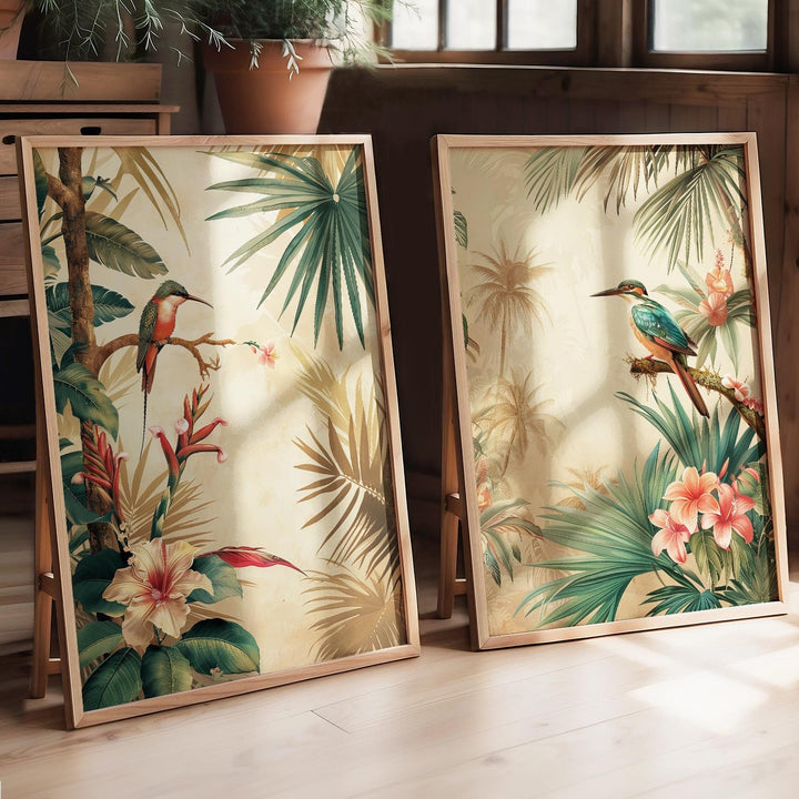 Set of 2 Vintage Botanical Bird Posters, Tropical Flowers Botanical Plant Prints, Vintage Decor, Exotic Floral Decor, Cottagecore Wall Art