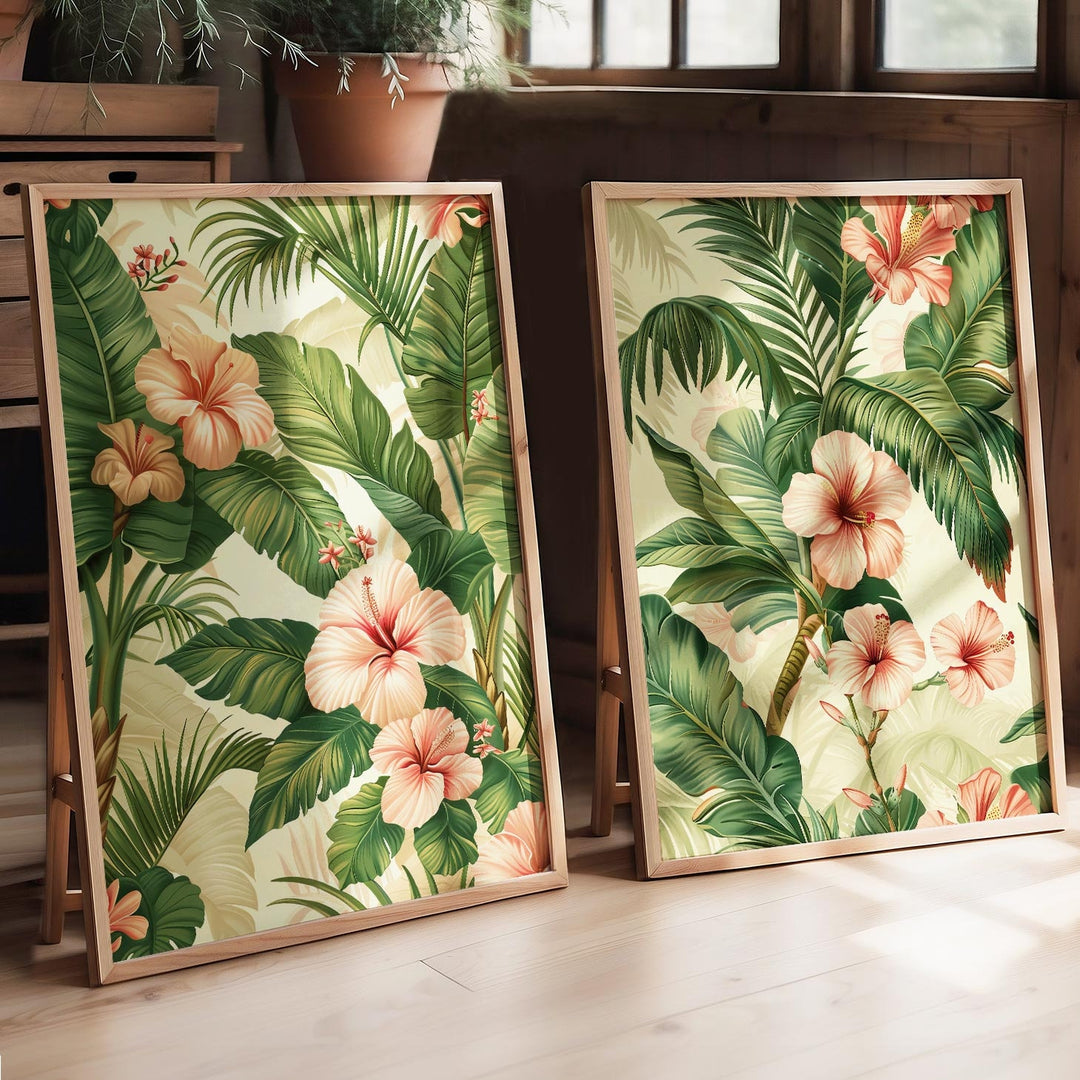 Set of 2 Vintage Botanical Posters, Flowers Palm Leaves Tropical Prints, Vintage Decor, Botanical Prints, Floral Decor, Cottagecore Wall Art