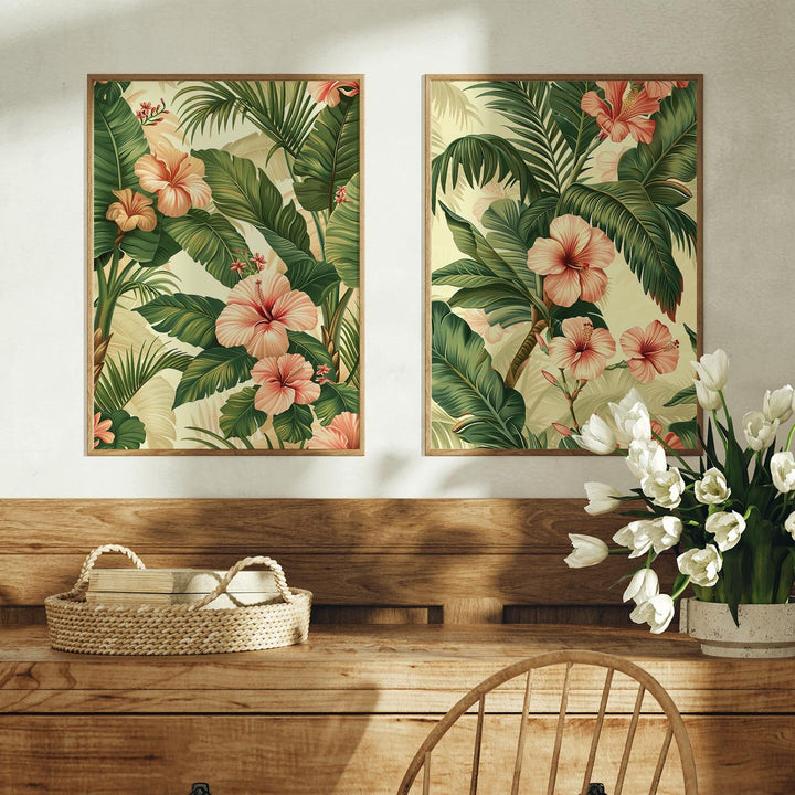 Set of 2 Vintage Botanical Posters, Flowers Palm Leaves Tropical Prints, Vintage Decor, Botanical Prints, Floral Decor, Cottagecore Wall Art