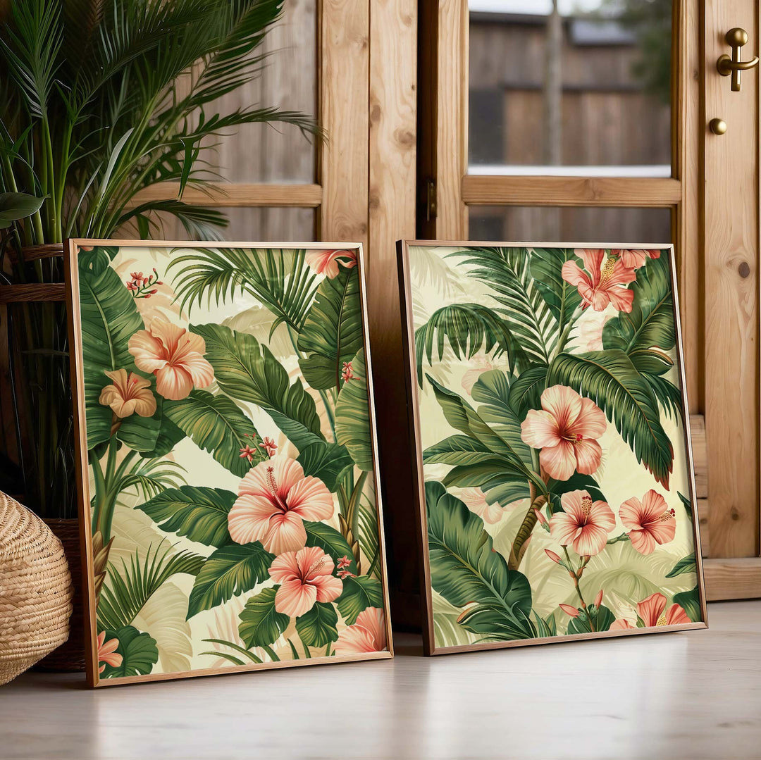 Set of 2 Vintage Botanical Posters, Flowers Palm Leaves Tropical Prints, Vintage Decor, Botanical Prints, Floral Decor, Cottagecore Wall Art