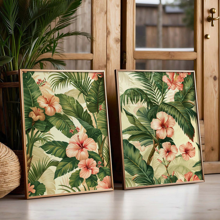 Set of 2 Vintage Botanical Posters, Flowers Palm Leaves Tropical Prints, Vintage Decor, Botanical Prints, Floral Decor, Cottagecore Wall Art