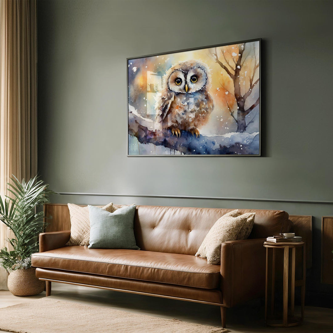 Owl Watercolour Painting, Colourful Bird Print, Cottagecore Farmhouse Decor, Original Living Room Wall Art, Nature Home Decor Gift For Her