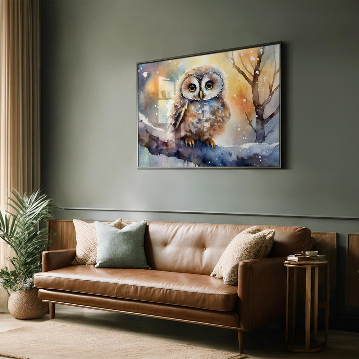 Owl Watercolour Painting, Colourful Bird Print, Cottagecore Farmhouse Decor, Original Living Room Wall Art, Nature Home Decor Gift For Her