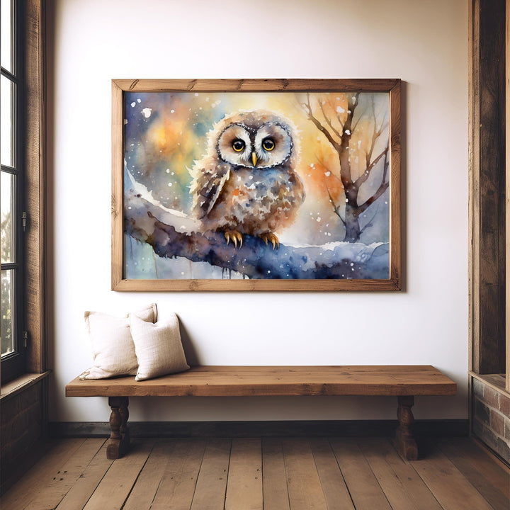 Owl Watercolour Painting, Colourful Bird Print, Cottagecore Farmhouse Decor, Original Living Room Wall Art, Nature Home Decor Gift For Her