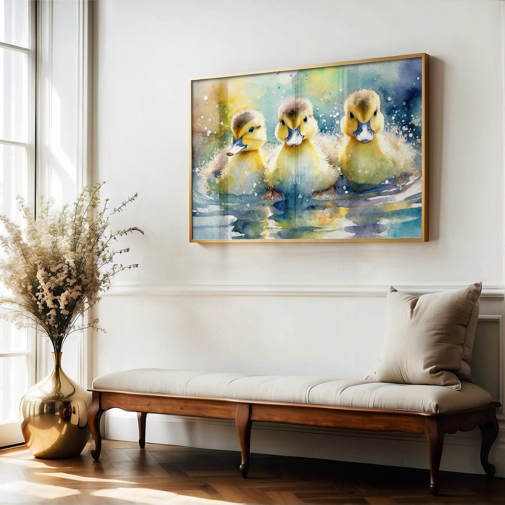 Ducklings Watercolour Painting, Colourful Bird Print, Cottagecore Farmhouse Decor, Original Living Room Wall Art, Wildlife Nature Home Decor